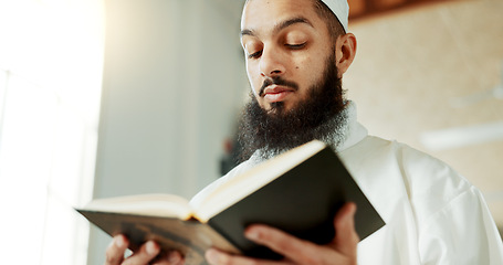 Image showing Islamic man, reading quran and mosque with faith, reading and mindfulness with worship, search and study. Muslim person, religion and peace with book, page and thinking with meditation in Palestine