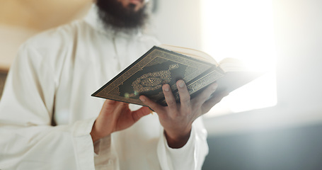 Image showing Islam, prayer and man in mosque with Quran, mindfulness and gratitude in faith reading in peace. Worship, religion and commitment, Muslim Imam in holy temple praise and spiritual learning in Ramadan.