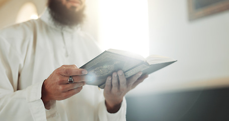 Image showing Islam, prayer and man in mosque with Quran, mindfulness and gratitude in faith reading in peace. Worship, religion and commitment, Muslim Imam in holy temple praise and spiritual learning in Ramadan.