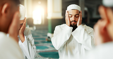 Image showing Faith, islamic or men in a mosque for praying, peace and spiritual care in holy religion for Allah. Eyes closed, Ramadan, meditaion or happy Muslim people with trust, hope or gratitude to worship God