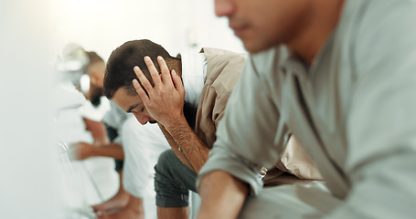 Image showing Muslim, religion ritual and men washing before prayer in bathroom for purity, and cleaning. Islamic, worship and faith of group of people with wudu together at a mosque or temple for holy practice