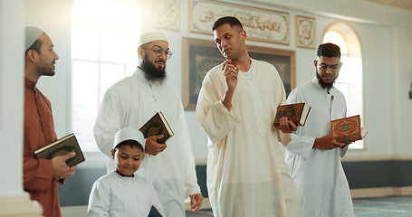 Image showing Islam, smile and group of men in mosque with child, mindfulness and gratitude in faith. Worship, religion and Muslim people together in holy temple for conversation, spiritual teaching and community.