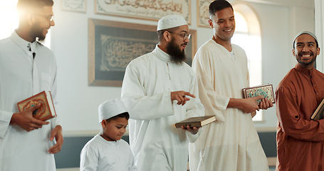 Image showing Islam, smile and group of men in mosque with child, mindfulness and gratitude in faith. Worship, religion and Muslim people together in holy temple for conversation, spiritual teaching and community.