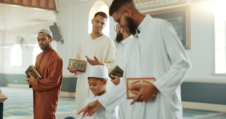 Image showing Islam, smile and group of men in mosque with child, mindfulness and gratitude in faith. Worship, religion and Muslim people together in holy temple for conversation, spiritual teaching and community.