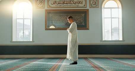 Image showing Muslim man, praying and mosque with faith, profile and mindfulness with worship, praise or gratitude. Islamic person, religion and peace with trust, prayer and thinking with meditation in Palestine