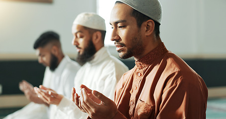 Image showing Islamic, praying and men in a Mosque for spiritual religion together as a group to worship Allah in Ramadan. Muslim, Arabic and holy people with peace or respect for gratitude, trust and hope