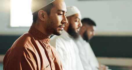 Image showing Islamic, praying and men in a Mosque for spiritual religion together as a group to worship Allah in Ramadan. Muslim, Arabic and holy people with peace or respect for gratitude, trust and hope