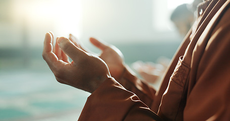 Image showing Muslim man, praying and mosque with hands, closeup and mindfulness with worship, praise or gratitude. Islamic person, religion and peace with group, prayer and thinking with meditation in Palestine