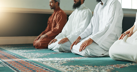 Image showing Muslim, praying and men in a Mosque for spiritual religion together as a group to worship Allah in Ramadan. Islamic, Arabic and holy people with peace or respect for gratitude, trust and hope