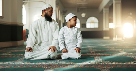 Image showing Muslim, praying and father with child in Mosque for spiritual religion together or teaching to worship Allah. Islamic, Arabic and parent with kid for peace or respect as gratitude, trust and hope