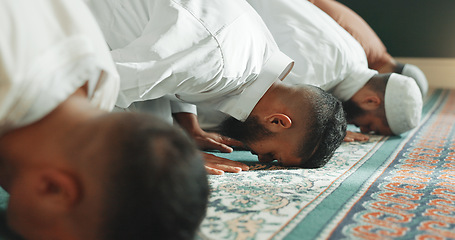 Image showing Islamic, praying and men in a Mosque for spiritual religion together as a group to worship Allah in Ramadan. Muslim, Arabic and holy people with peace or respect for gratitude, trust and hope