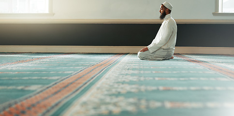 Image showing Praying, islamic and man with faith in a mosque for gratitude, peace and spiritual care in holy religion for Allah. Respect, Ramadan and Muslim person with kindness, hope and humble after worship