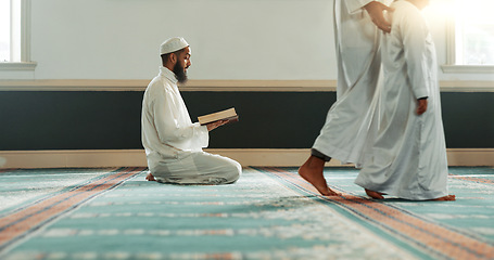 Image showing Quran, islamic and man with faith in a mosque for praying, peace and spiritual care in holy religion for Allah. Reading, Ramadan and Muslim person with kindness, hope and humble after worship