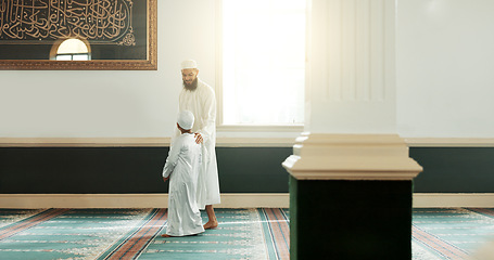 Image showing Islam, mosque and man walk child to Ramadan class for prayer to God, religion and worship for culture and learning. Muslim, kid and father hold hands in faith with islamic conversation and spiritual