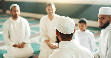 Image showing Islam, discussion and group of men in mosque with child, mindfulness and faith gratitude. Worship, religion and love, Muslim people together in holy temple for praise and spiritual teaching with boy.