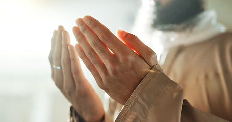 Image showing Mosque, prayer and hands of Islamic man with love, mindfulness and gratitude in faith. Worship, religion and Muslim teacher in holy temple praise, spiritual teaching and peace Ramadan in Morocco.