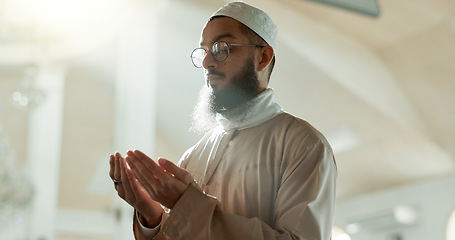 Image showing Sunrise, islamic and man praying for faith in mosque for gratitude, peace and spiritual care in holy religion for Allah. Respect, Ramadan and Muslim person with kindness, hope and humble in worship