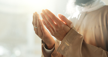 Image showing Islam, prayer and hands of man in mosque with love mindfulness and gratitude in faith for Eid. Worship, religion and Muslim person in holy temple praise, spiritual teaching and peace in ramadan.