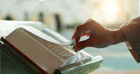 Image showing Hands, Quran and closeup of woman reading in mosque for religion study, faith or worship. Gratitude, praise and zoom of muslim female person with holy book for spiritual wellness in islamic temple.