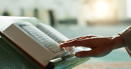 Image showing Hands, Quran and closeup of woman reading in mosque for religion study, faith or worship. Gratitude, praise and zoom of muslim female person with holy book for spiritual wellness in islamic temple.