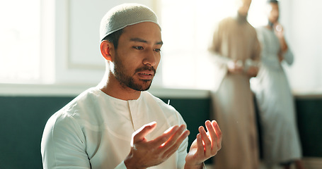 Image showing Islam, prayer and man in mosque with faith, mindfulness and gratitude with commitment to faith. Worship, religion and Muslim person in holy temple praise, spiritual teaching and learning with peace.