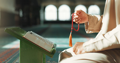 Image showing Islam, prayer beads and man in mosque with Quran, mindfulness and gratitude in faith. Worship, religion and Muslim scholar in holy temple for praise with book, spiritual teaching and peace meditation