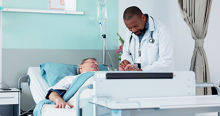 Image showing Hospital checkup, sick and a black man with a patient for exam after surgery, treatment or a virus. Help, talking and an African medical employee with a person in a clinic bed for consulting