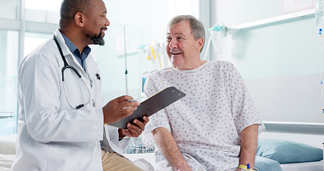 Image showing Man, doctor and patient in consultation, diagnosis or explaining prescription on hospital bed. Male person, medical or healthcare surgeon consulting customer for health advice or results at clinic