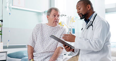 Image showing Man, doctor and patient in consultation, diagnosis or explaining prescription on hospital bed. Male person, medical or healthcare surgeon consulting customer for health advice or results at clinic