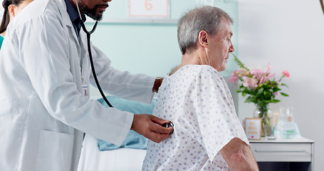 Image showing Doctor, patient and check lungs in hospital for elderly care of man health of heart, cardiovascular and problem. Male, person or nurse with stethoscope for listen, breathing or consulting for medical