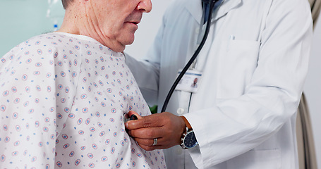 Image showing Senior man, doctor and breathing on stethoscope, checkup and consultation in hospital, health issue and lungs. Elderly, healthcare service and cardiology for patient, retired and old age sickness