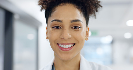 Image showing Professional, face and woman or doctor with smile for wellness, trust and service in hospital or clinic. Portrait, person and expert with happiness for career, cardiology or nursing at workplace