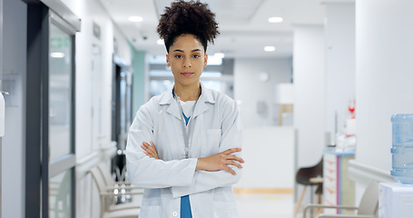 Image showing Medical, face and woman or doctor with crossed arms for wellness, trust and service in hospital or clinic. Portrait, person and expert with happiness for career, cardiology or nursing at workplace