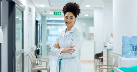 Image showing Medical, face and woman or doctor with crossed arms for wellness, trust and service in hospital or clinic. Portrait, person and expert with happiness for career, cardiology or nursing at workplace