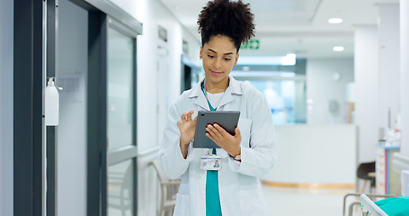 Image showing Typing, tablet or doctor in hospital with research on social media to search for medicine news online. Woman reading, smile or medical healthcare nurse browsing on technology for telehealth or meme