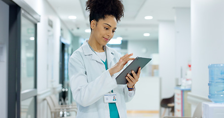 Image showing News, tablet or doctor in hospital with research on social media to search for medicine info online. Woman reading, smile or medical healthcare nurse browsing on technology for telehealth in clinic