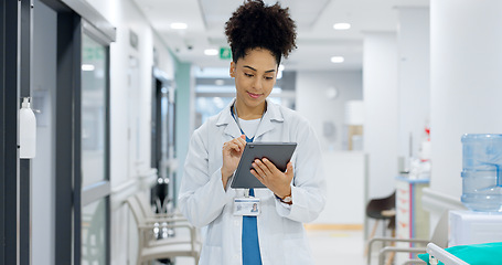 Image showing Medical, tablet or doctor typing for research on social media to search for medicine news online. Woman reading, scroll or healthcare nurse browsing on technology for telehealth services in hospital