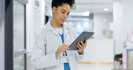 Image showing Happy woman, doctor and tablet for research, communication or healthcare results at hospital. Female person, nurse or medical surgeon with technology for schedule, Telehealth or networking at clinic