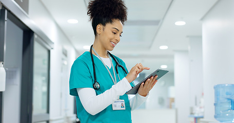 Image showing Medical, tablet or surgeon typing for research on social media to for medicine news online in hospital. Woman doctor reading, scroll or healthcare nurse browsing on technology for telehealth services