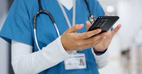 Image showing Hands, phone and healthcare with a nurse scrolling in a hospital closeup for research or networking. Medical, communication and information with a medicine professional reading a text in a clinic