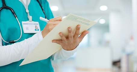 Image showing Nurse, writing and hands on folder in hospital or document for insurance, healthcare and report with patient information. Paperwork, checklist or doctor with medical notes in file and chart in clinic