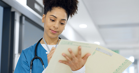 Image showing Writing, nurse and document in hospital for insurance, healthcare and compliance report with patient information. Paperwork, checklist and doctor with medical notes in file, chart or folder in clinic