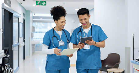 Image showing Hospital, nurse and people with tablet in discussion with analysis of results and health report in clinic. Healthcare, teamwork and medical students with tech for diagnosis, research or collaboration