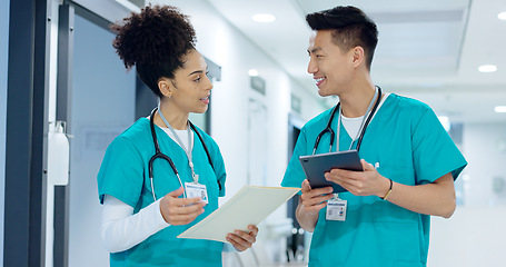 Image showing Hospital, nurse and people with tablet in discussion with analysis of results and health report in clinic. Healthcare, teamwork and medical students with tech and planning research or collaboration