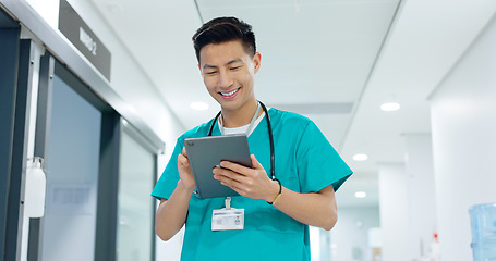 Image showing Doctor, nurse and smile on tablet for hospital services, thinking of healthcare and typing information online. Medical worker or Asian man in China with digital technology, clinic inspection or ideas