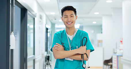 Image showing Medical, face and asian man or doctor with stethoscope for wellness, trust and service in hospital or clinic. Portrait, person and expert with happiness for career, cardiology or nursing at workplace