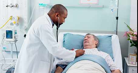 Image showing Senior man, doctor and hospital bed with patient, stethoscope and checkup for consultation, breathing or lungs. Health issue, lungs and elderly for healthcare service, cardiology and old age sickness