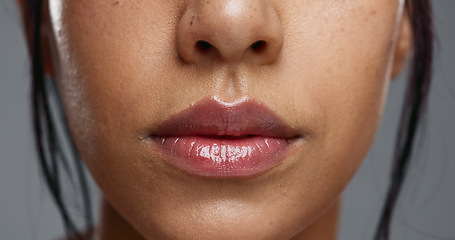 Image showing Woman, mouth and closeup in studio for dental wellness, beauty and change with cosmetics by background. Girl, teeth whitening and smile for cleaning, health and zoom for oral care with hygiene