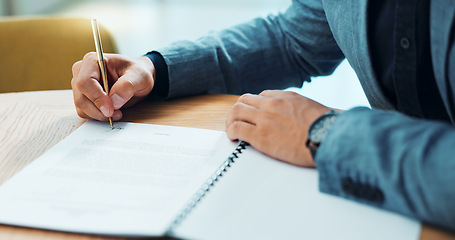 Image showing Lawyer hands, documents and signature for legal contract, agreement or terms and conditions in office. Business person, notary or attorney writing information, reading print and policy at law firm