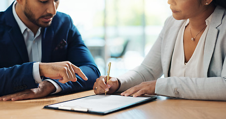 Image showing Business hands, clients and signature on paper of legal contract, agreement and office consultation. Notary, advisor or people writing on documents for funding, terms and conditions or life insurance